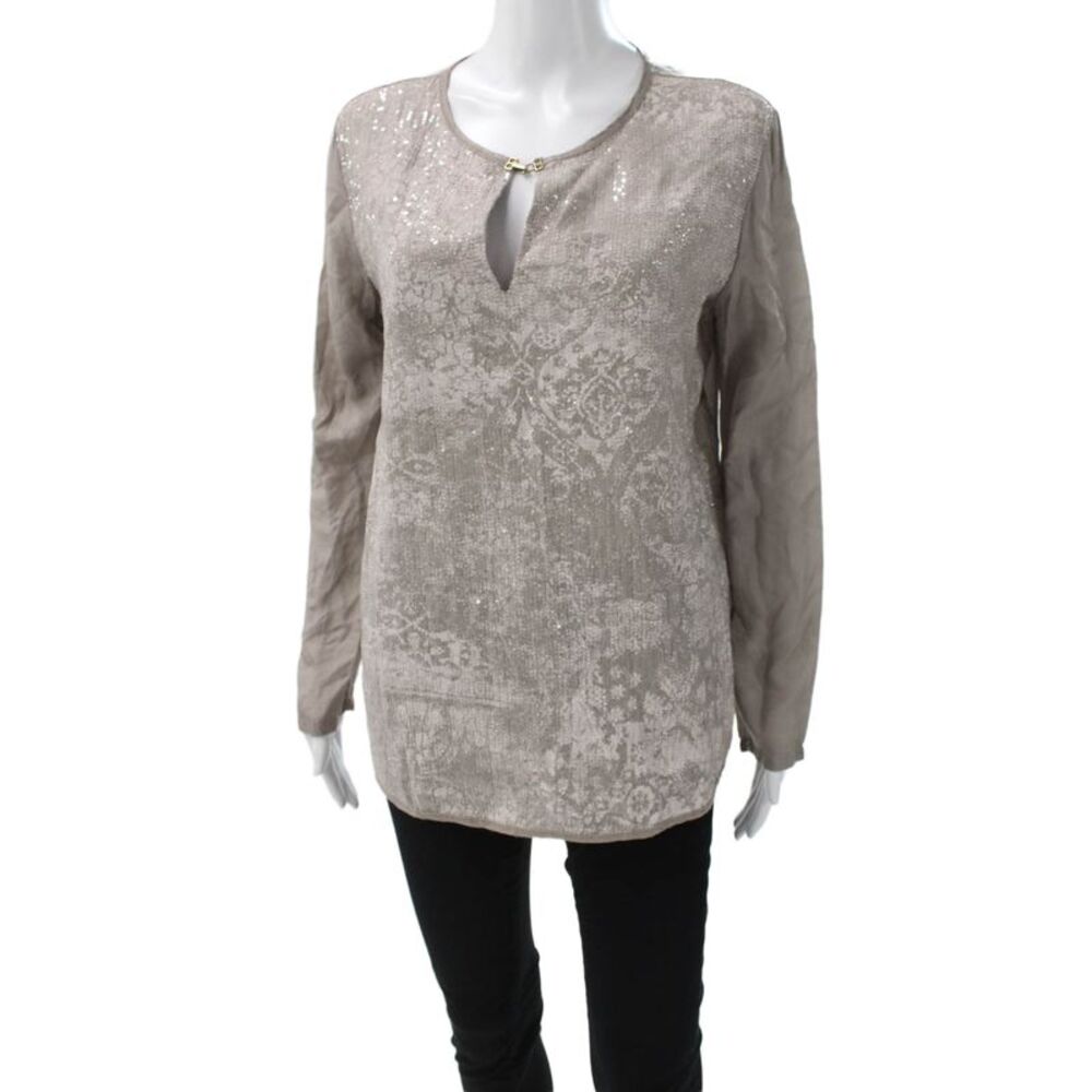 Tensione In Women Beige Viscose Geometric Keyhole Tunic 3/4 Sleeve Size M
